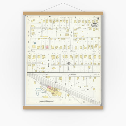 Old map wall art mockup — magnetic wood frame on white wall — Sanborn Fire Insurance Map from Shelby, Richland County, Ohio (1911), Sheet #0009
