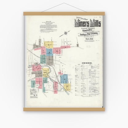 Old map wall art mockup — magnetic wood frame on white wall — Sanborn Fire Insurance Map from Miners Mills, Luzerne County, Pennsylvania (1911) - Complete Map Set