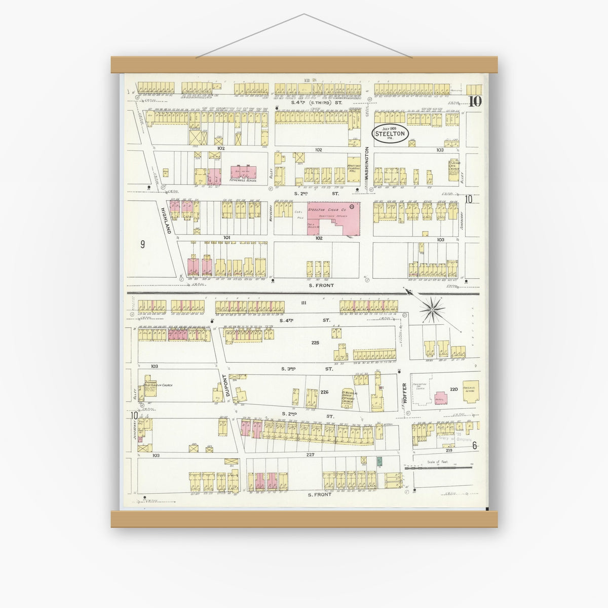 Old map wall art mockup — magnetic wood frame on white wall — Sanborn Fire Insurance Map from Steelton, Dauphin County, Pennsylvania (1909), Sheet #0010