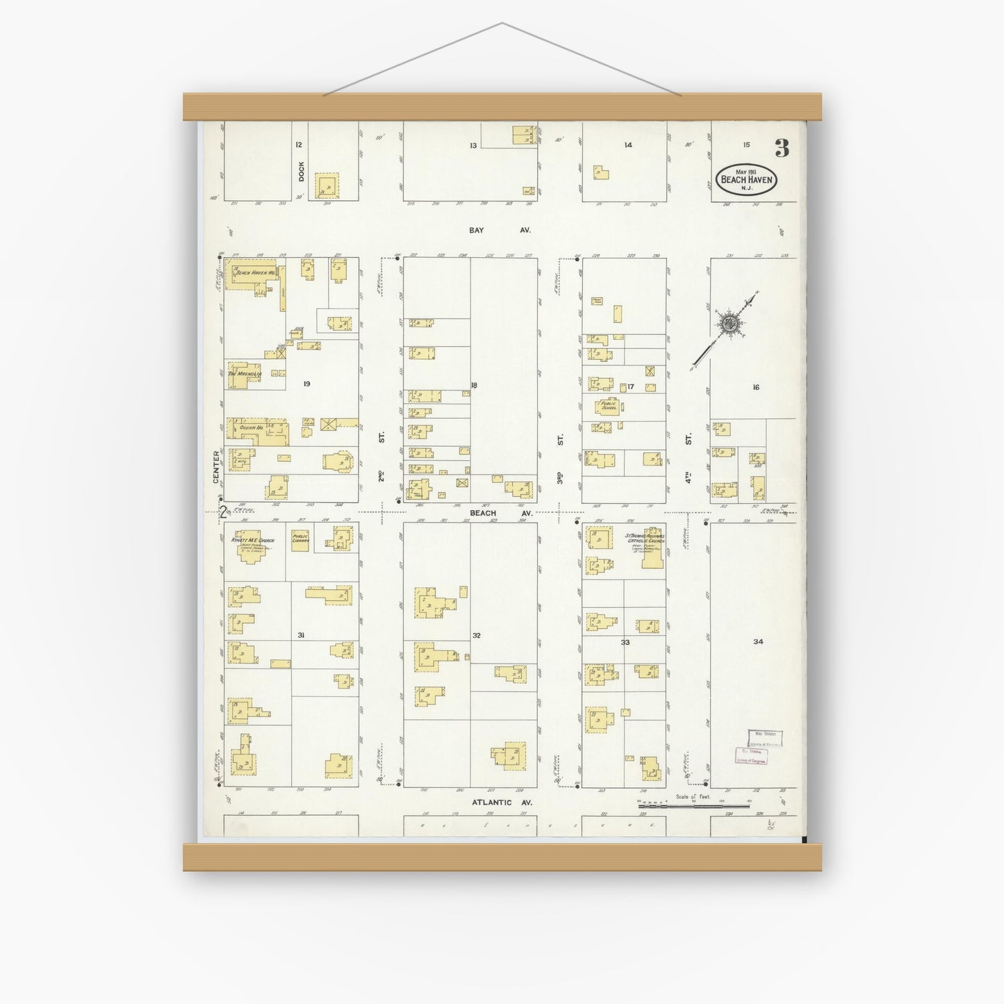 Old map wall art mockup — magnetic wood frame on white wall — Sanborn Fire Insurance Map from Beach Haven, Ocean County, New Jersey (1911), Sheet #0003