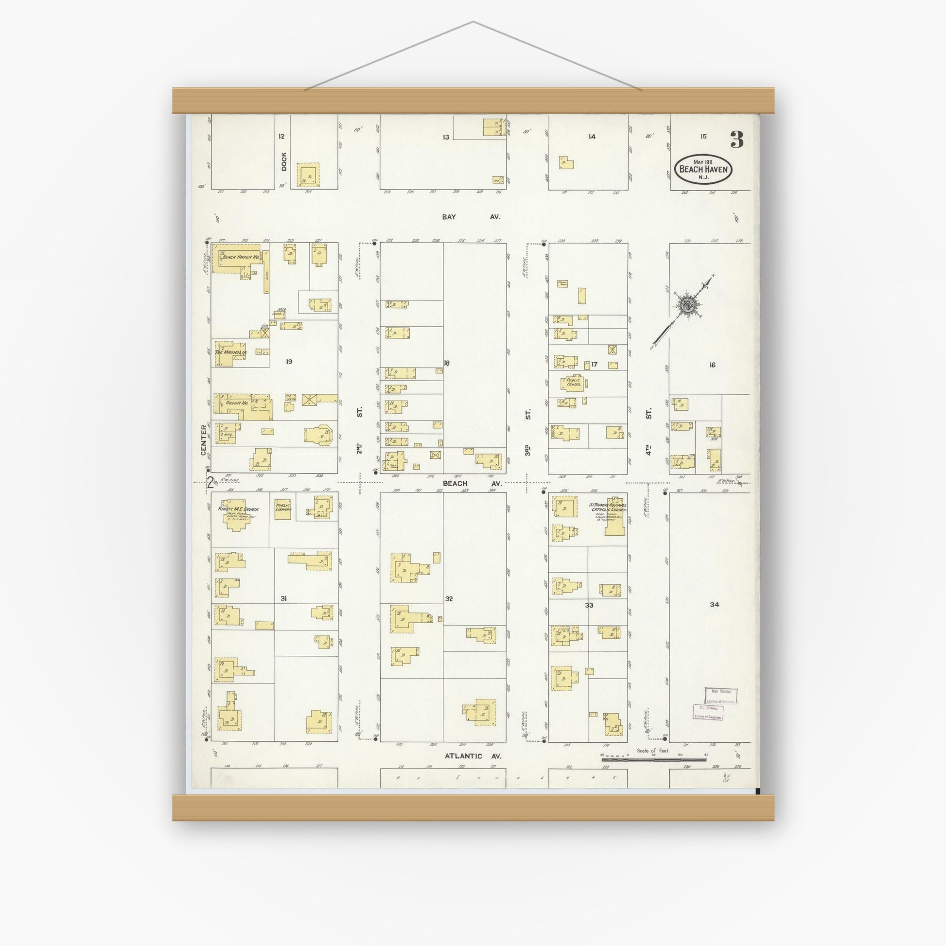 Old map wall art mockup — magnetic wood frame on white wall — Sanborn Fire Insurance Map from Beach Haven, Ocean County, New Jersey (1911), Sheet #0003
