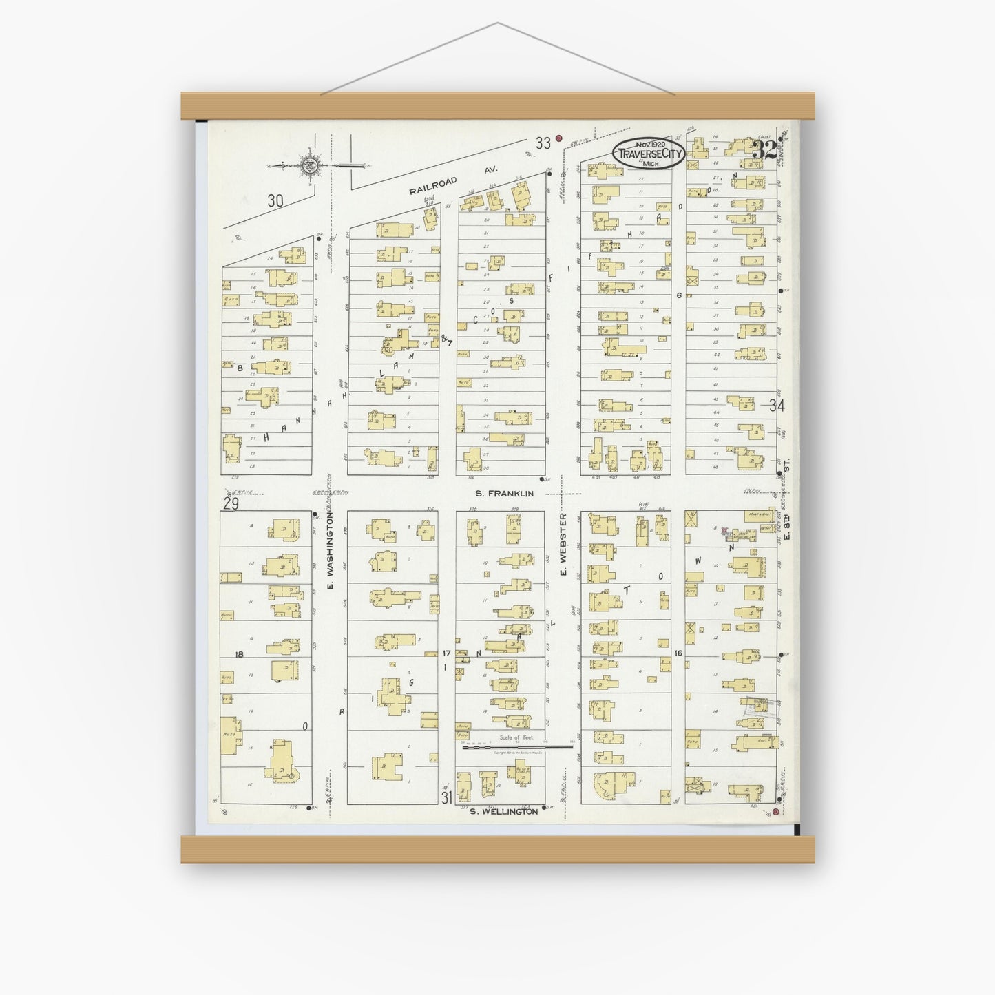 Old map wall art mockup — magnetic wood frame on white wall — Sanborn Fire Insurance Map from Traverse City, Grand Traverse County, Michigan (1920), Sheet #0032