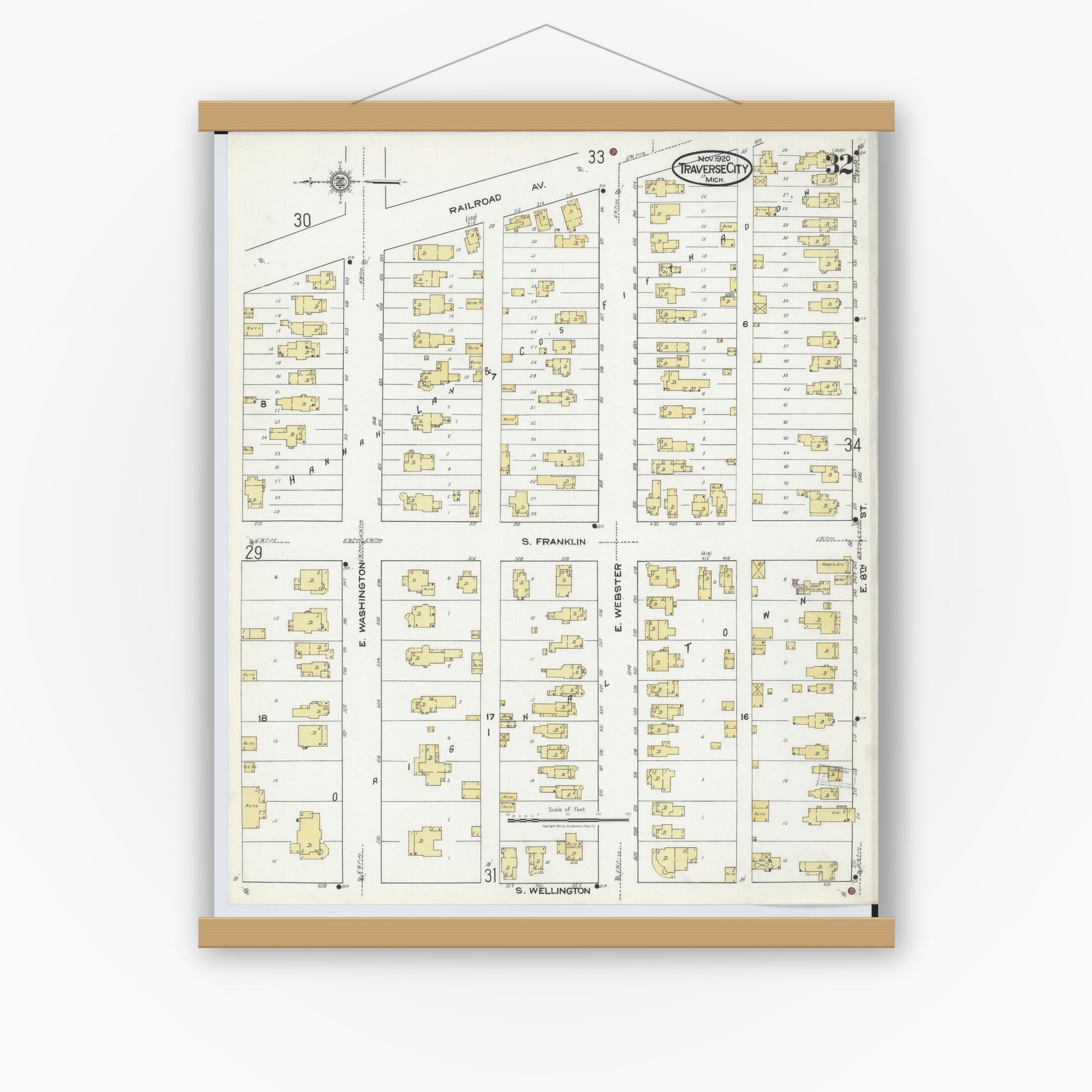 Old map wall art mockup — magnetic wood frame on white wall — Sanborn Fire Insurance Map from Traverse City, Grand Traverse County, Michigan (1920), Sheet #0032