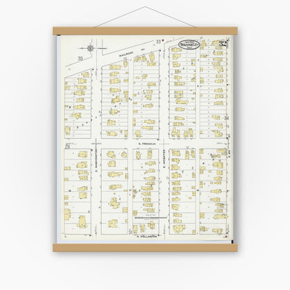 Old map wall art mockup — magnetic wood frame on white wall — Sanborn Fire Insurance Map from Traverse City, Grand Traverse County, Michigan (1920), Sheet #0032