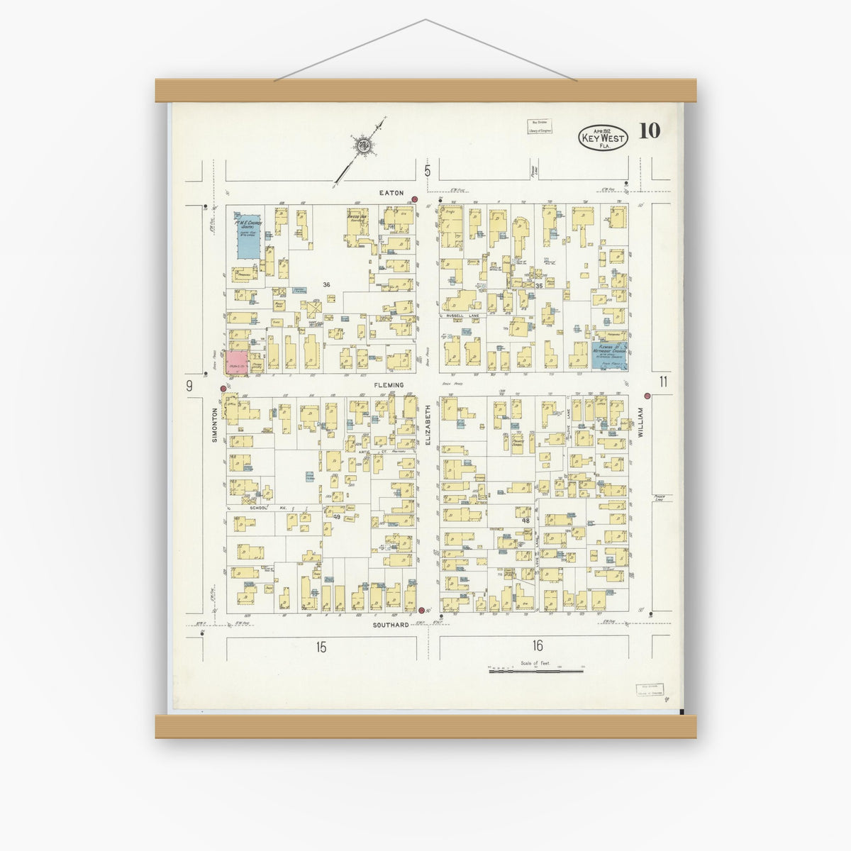 Old map wall art mockup — magnetic wood frame on white wall — Sanborn Fire Insurance Map from Key West, Monroe County, Florida (1912), Sheet #0010