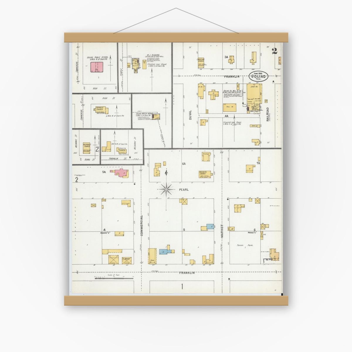 Old map wall art mockup — magnetic wood frame on white wall — Sanborn Fire Insurance Map from Goliad, Goliad County, Texas (1900), Sheet #0002
