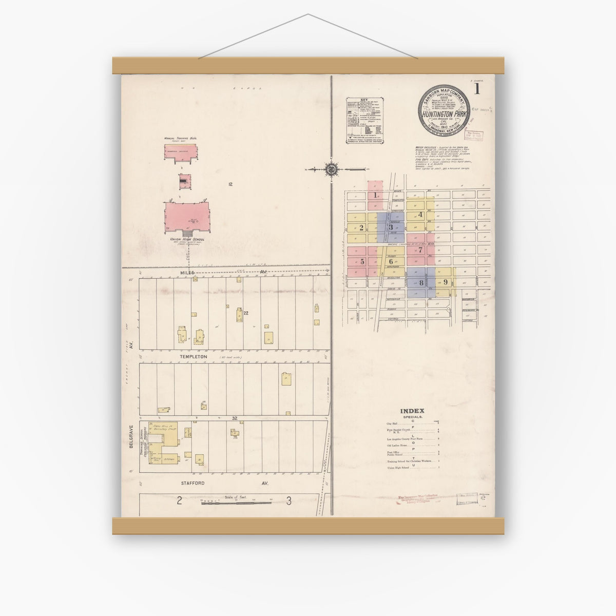 Old map wall art mockup — magnetic wood frame on white wall — Sanborn Fire Insurance Map from Huntington Park, Los Angeles County, California (1910) - Complete Map Set