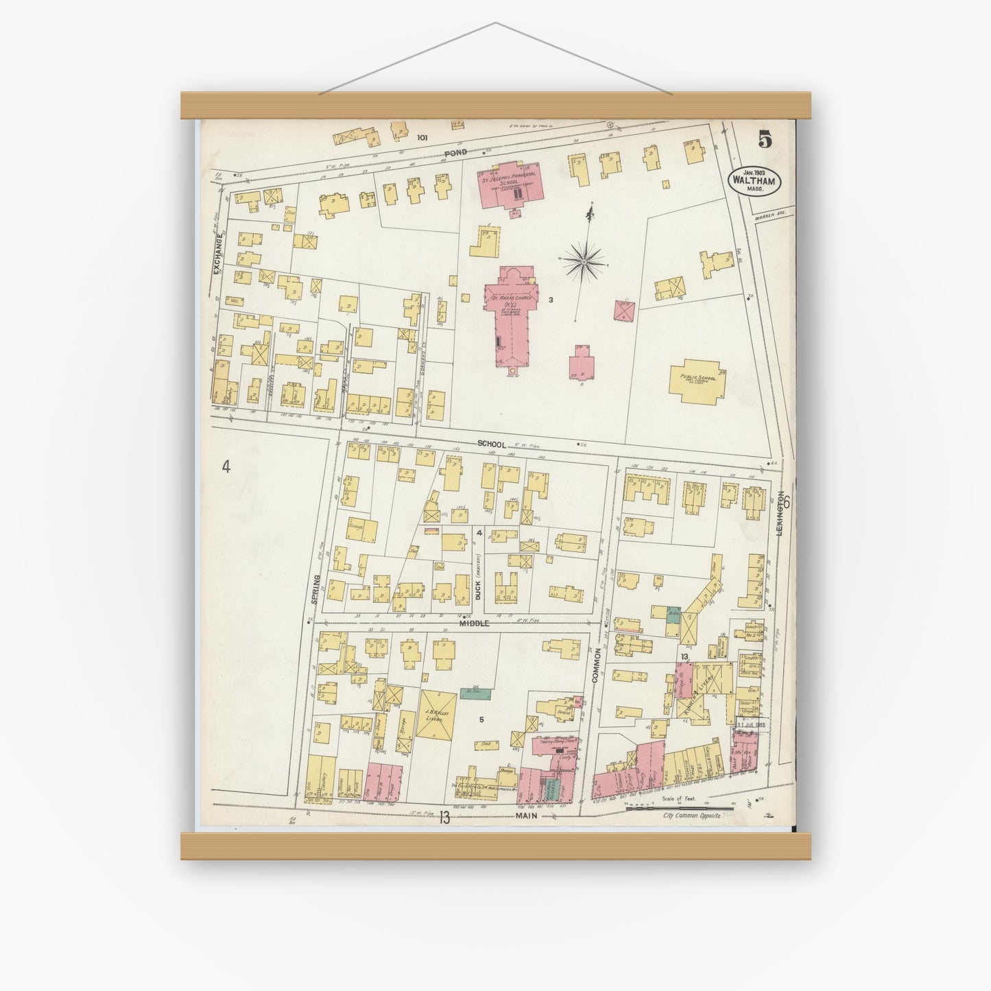 Old map wall art mockup — magnetic wood frame on white wall — Sanborn Fire Insurance Map from Waltham, Middlesex County, Massachusetts (1903), Sheet #0005
