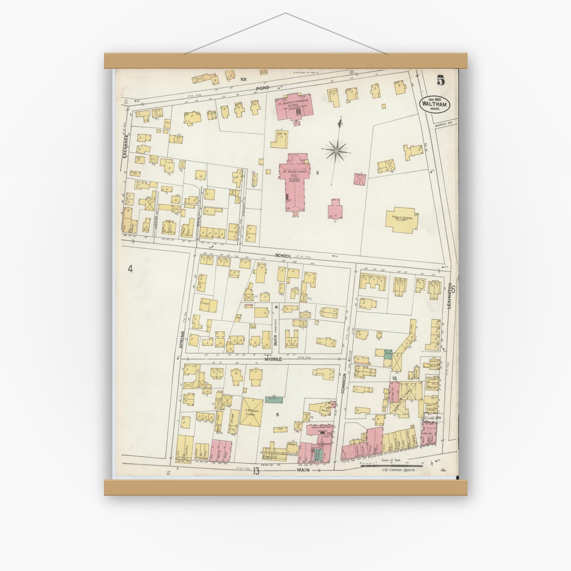 Old map wall art mockup — magnetic wood frame on white wall — Sanborn Fire Insurance Map from Waltham, Middlesex County, Massachusetts (1903), Sheet #0005