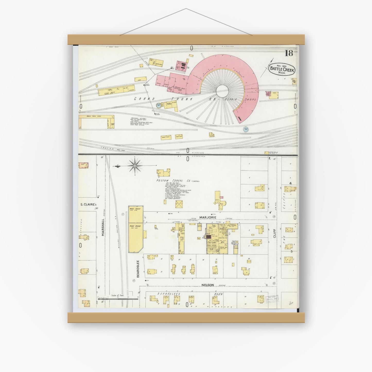Old map wall art mockup — magnetic wood frame on white wall — Sanborn Fire Insurance Map from Battle Creek, Calhoun County, Michigan (1899), Sheet #0018