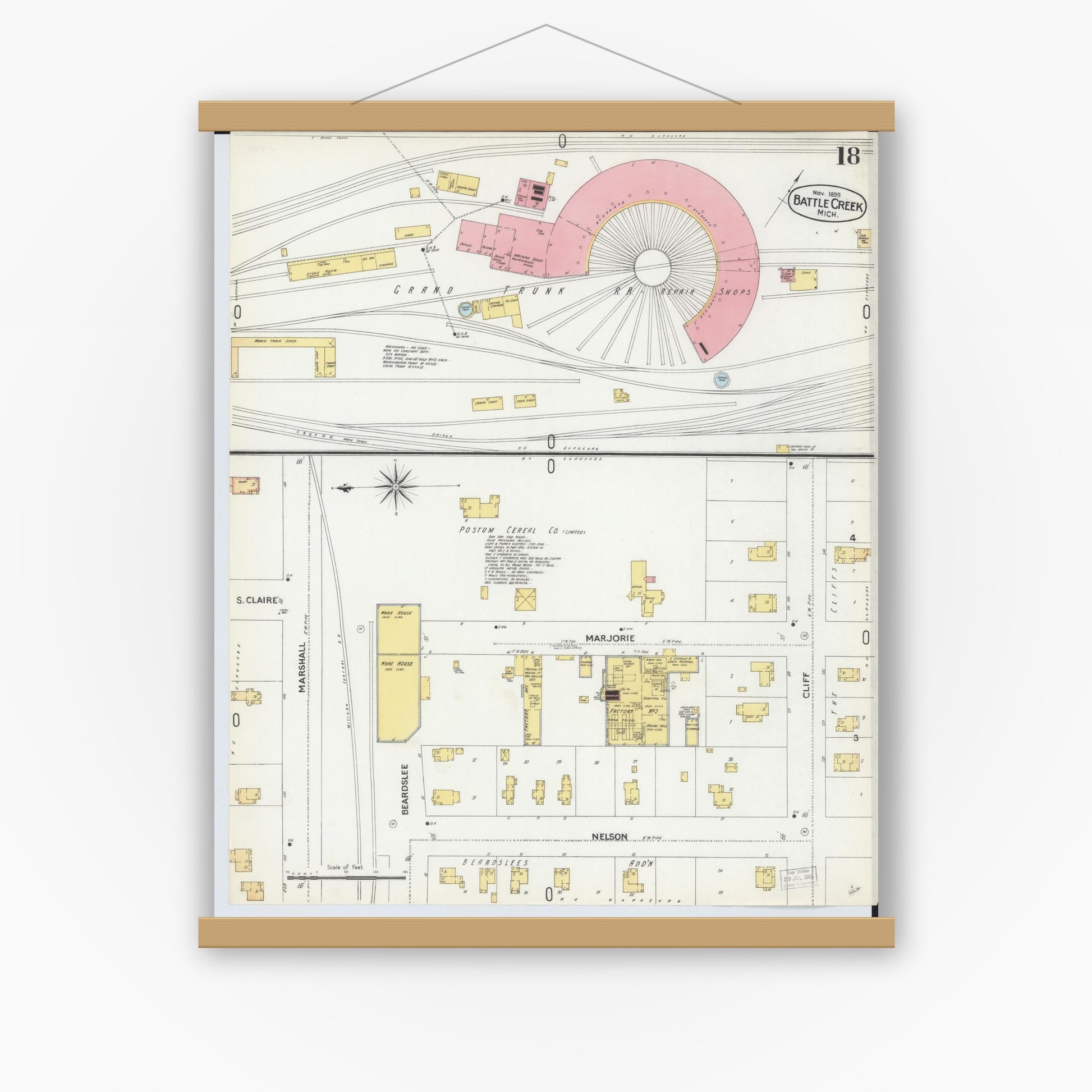 Old map wall art mockup — magnetic wood frame on white wall — Sanborn Fire Insurance Map from Battle Creek, Calhoun County, Michigan (1899), Sheet #0018
