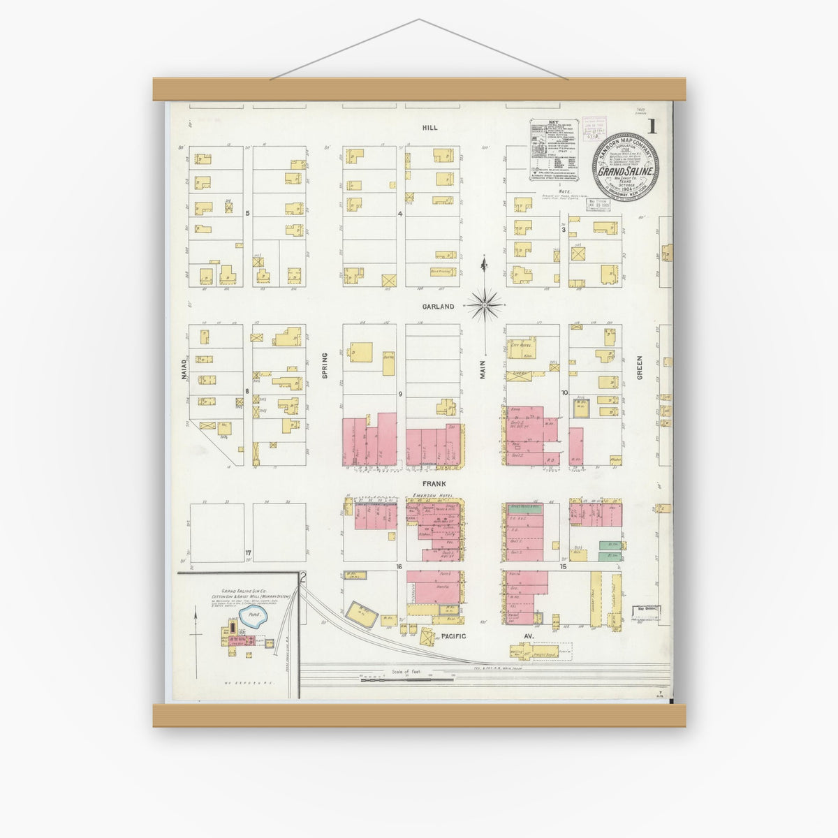 Old map wall art mockup — magnetic wood frame on white wall — Sanborn Fire Insurance Map from Grand Saline, Van Zandt County, Texas (1904), Sheet #0001