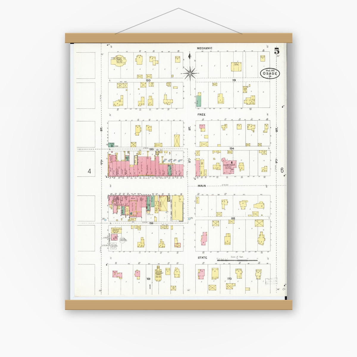 Old map wall art mockup — magnetic wood frame on white wall — Sanborn Fire Insurance Map from Osage, Mitchell County, Iowa (1905), Sheet #0005