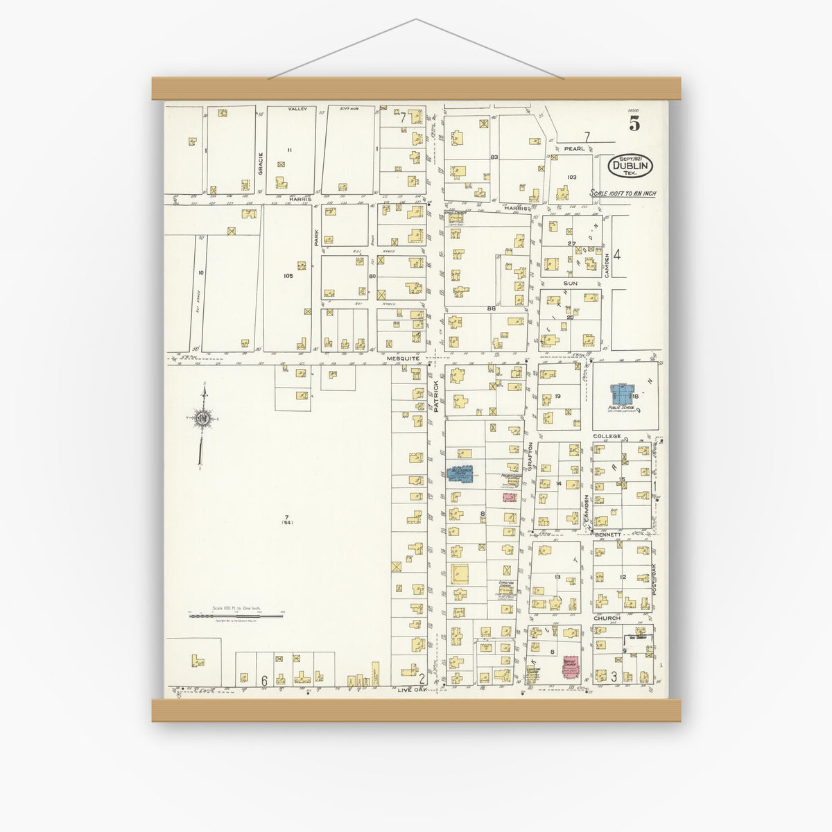 Old map wall art mockup — magnetic wood frame on white wall — Sanborn Fire Insurance Map from Dublin, Erath County, Texas (1921), Sheet #0005