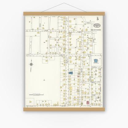 Old map wall art mockup — magnetic wood frame on white wall — Sanborn Fire Insurance Map from Dublin, Erath County, Texas (1921), Sheet #0005