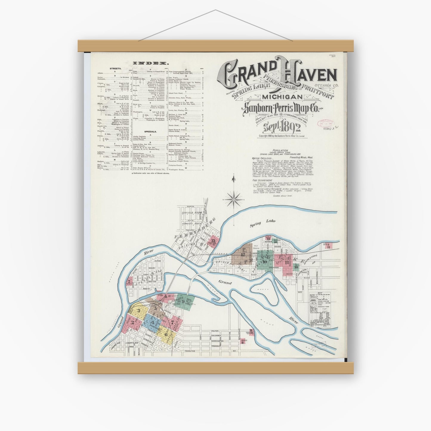 Old map wall art mockup — magnetic wood frame on white wall — Sanborn Fire Insurance Map from Grand Haven, Ottawa County, Michigan (1892) - Complete Map Set