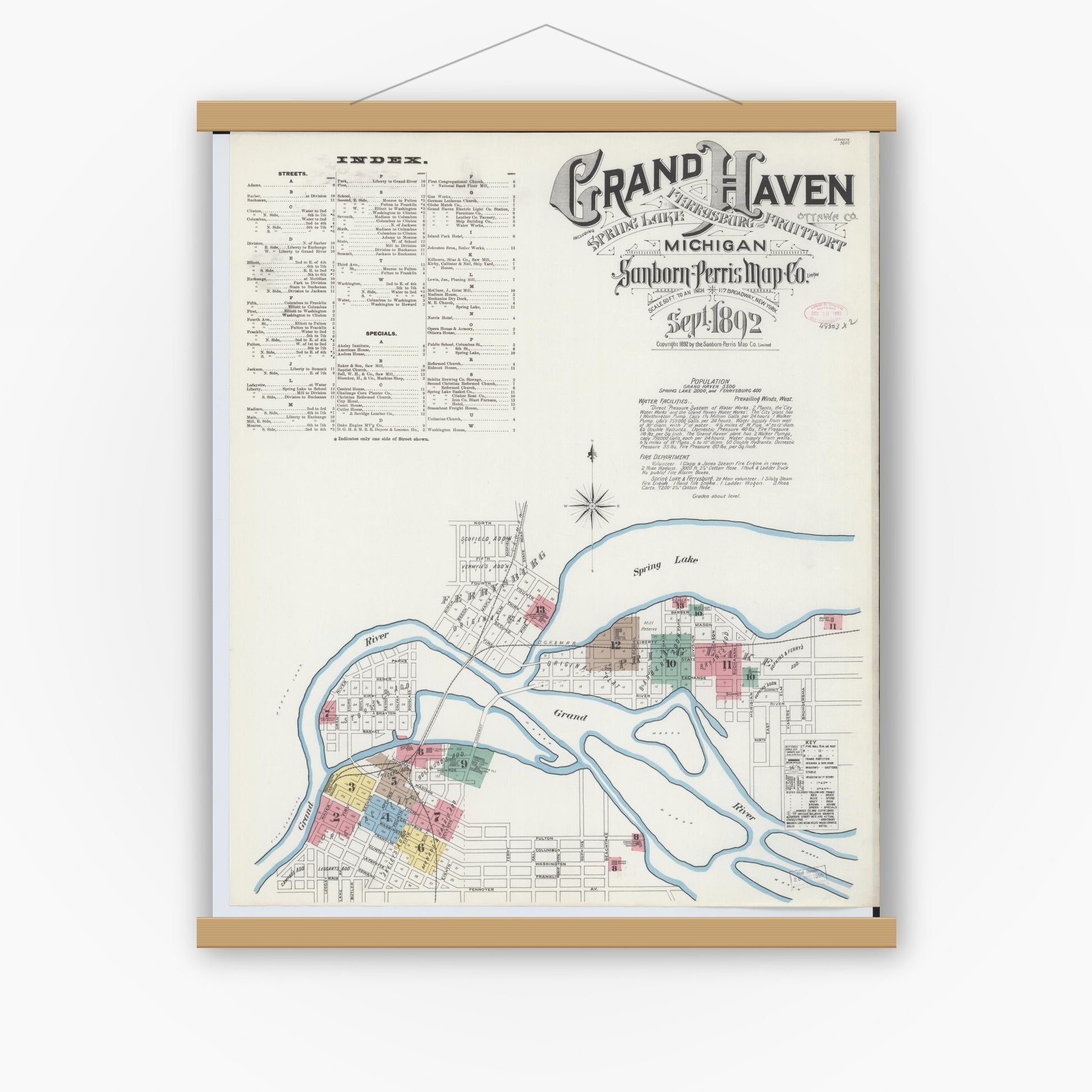 Old map wall art mockup — magnetic wood frame on white wall — Sanborn Fire Insurance Map from Grand Haven, Ottawa County, Michigan (1892) - Complete Map Set