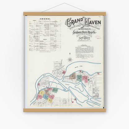 Old map wall art mockup — magnetic wood frame on white wall — Sanborn Fire Insurance Map from Grand Haven, Ottawa County, Michigan (1892) - Complete Map Set