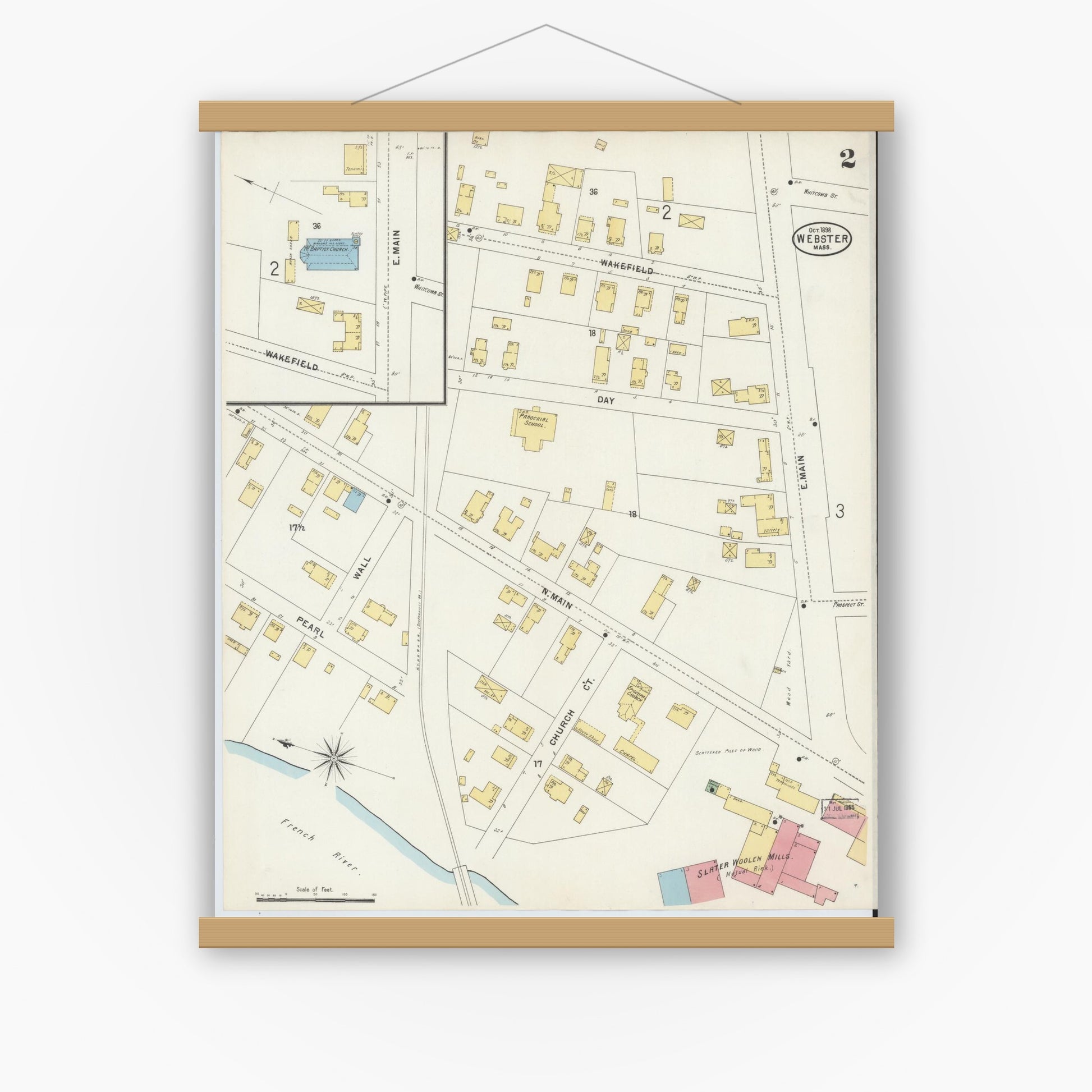 Old map wall art mockup — magnetic wood frame on white wall — Sanborn Fire Insurance Map from Webster, Worcester County, Massachusetts (1898), Sheet #0002