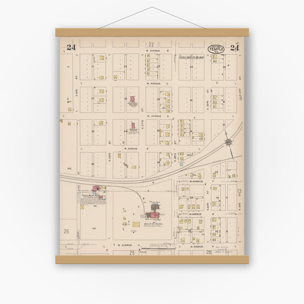 Old map wall art mockup — magnetic wood frame on white wall — Sanborn Fire Insurance Map from Temple, Bell County, Texas (1922), Sheet #0024
