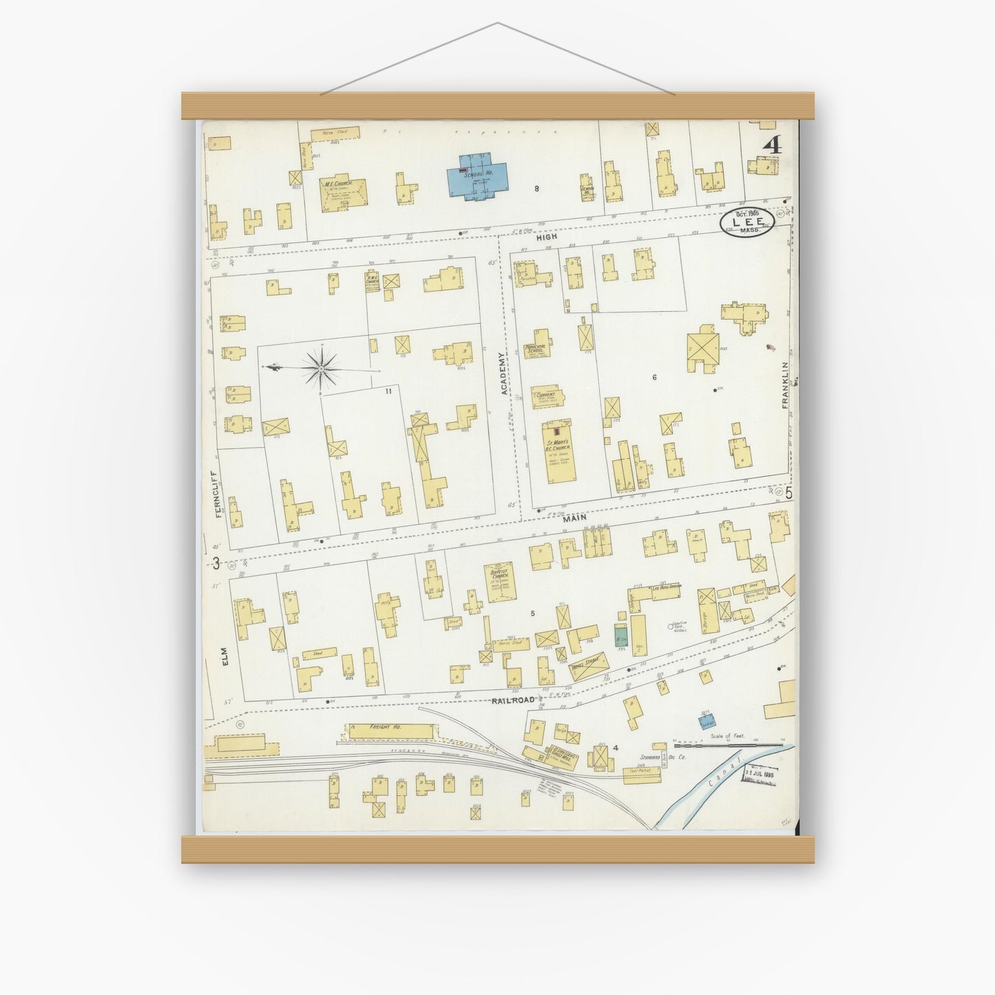 Old map wall art mockup — magnetic wood frame on white wall — Sanborn Fire Insurance Map from Lee, Berkshire County, Massachusetts (1905), Sheet #0004