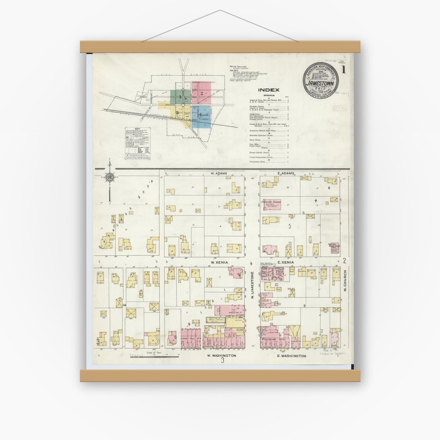 Old map wall art mockup — magnetic wood frame on white wall — Sanborn Fire Insurance Map from Jamestown, Greene County, Ohio (1910) - Complete Map Set