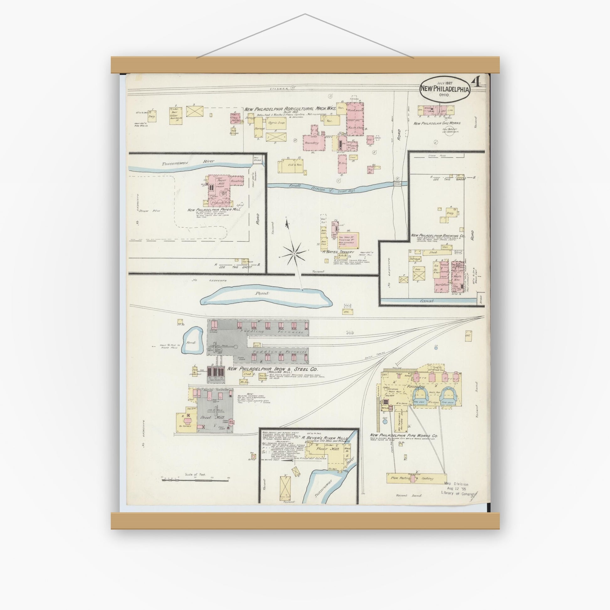 Old map wall art mockup — magnetic wood frame on white wall — Sanborn Fire Insurance Map from New Philadelphia, Tuscarawas County, Ohio (1887), Sheet #0004