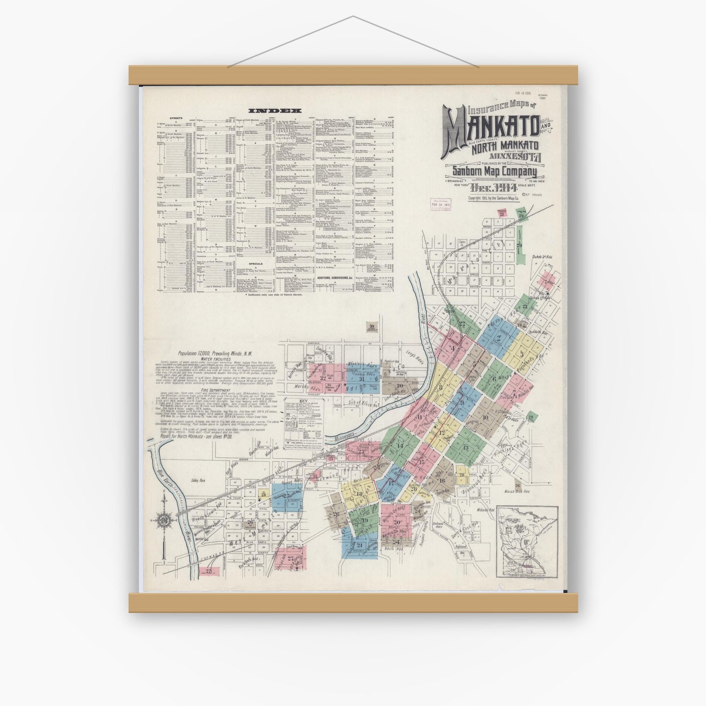 Old map wall art mockup — magnetic wood frame on white wall — Sanborn Fire Insurance Map from Mankato, Blue Earth County, Minnesota (1914) - Complete Map Set