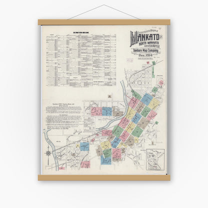 Old map wall art mockup — magnetic wood frame on white wall — Sanborn Fire Insurance Map from Mankato, Blue Earth County, Minnesota (1914) - Complete Map Set