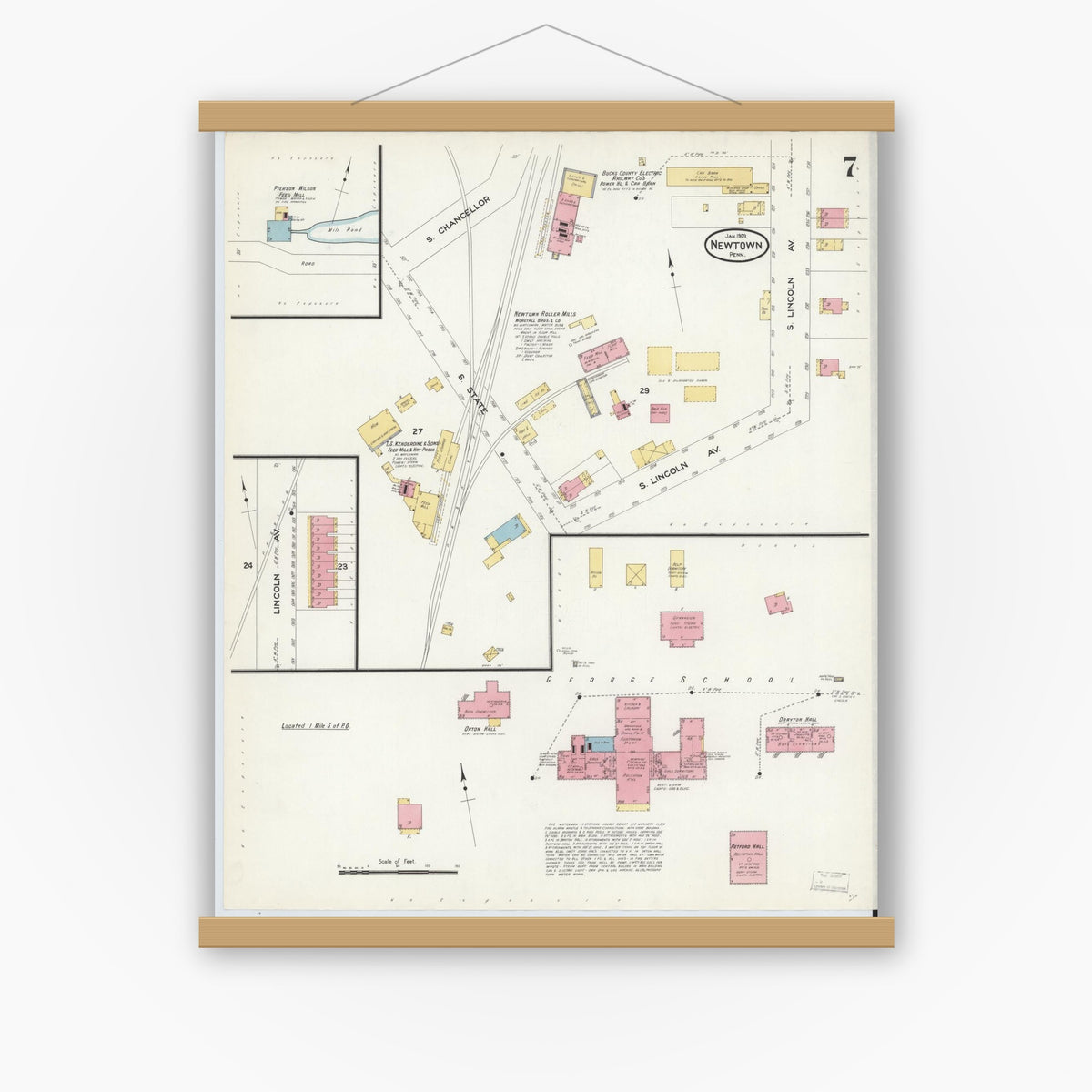 Old map wall art mockup — magnetic wood frame on white wall — Sanborn Fire Insurance Map from Newtown, Bucks County, Pennsylvania (1909), Sheet #0007