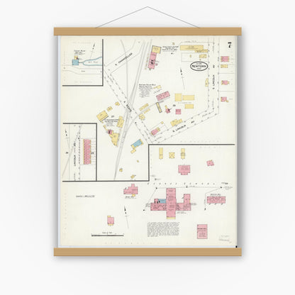 Old map wall art mockup — magnetic wood frame on white wall — Sanborn Fire Insurance Map from Newtown, Bucks County, Pennsylvania (1909), Sheet #0007