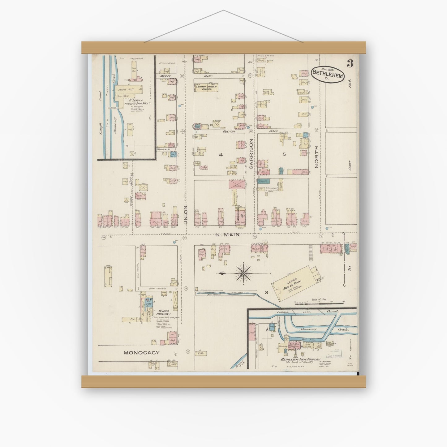 Old map wall art mockup — magnetic wood frame on white wall — Sanborn Fire Insurance Map from Bethlehem, Northampton And Lehigh Counties, Pennsylvania (1885), Sheet #0003