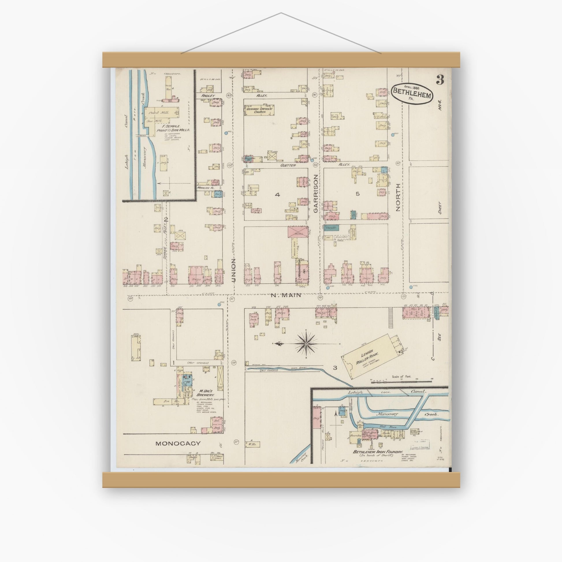 Old map wall art mockup — magnetic wood frame on white wall — Sanborn Fire Insurance Map from Bethlehem, Northampton And Lehigh Counties, Pennsylvania (1885), Sheet #0003