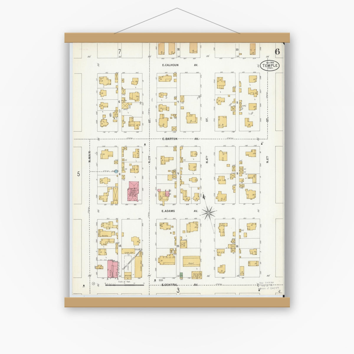 Old map wall art mockup — magnetic wood frame on white wall — Sanborn Fire Insurance Map from Temple, Bell County, Texas (1900), Sheet #0006
