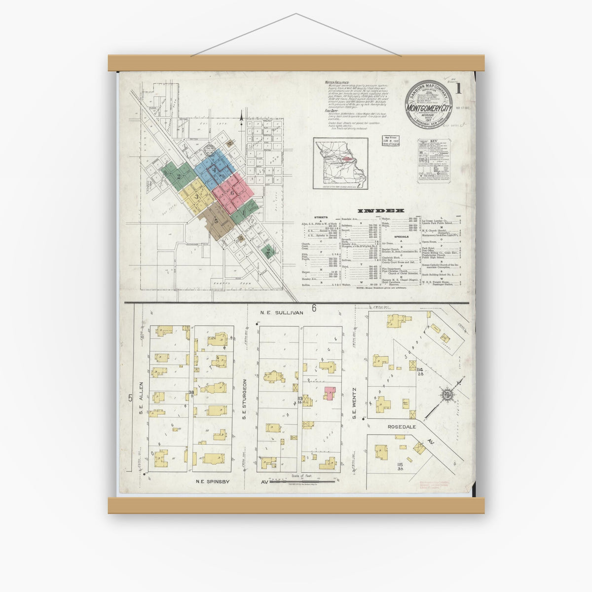 Old map wall art mockup — magnetic wood frame on white wall — Sanborn Fire Insurance Map from Montgomery City, Montgomery County, Missouri (1917) - Complete Map Set