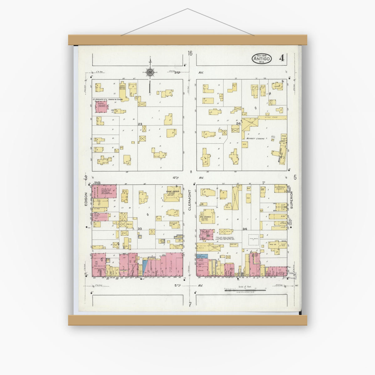 Old map wall art mockup — magnetic wood frame on white wall — Sanborn Fire Insurance Map from Antigo, Langlade County, Wisconsin (1919), Sheet #0004