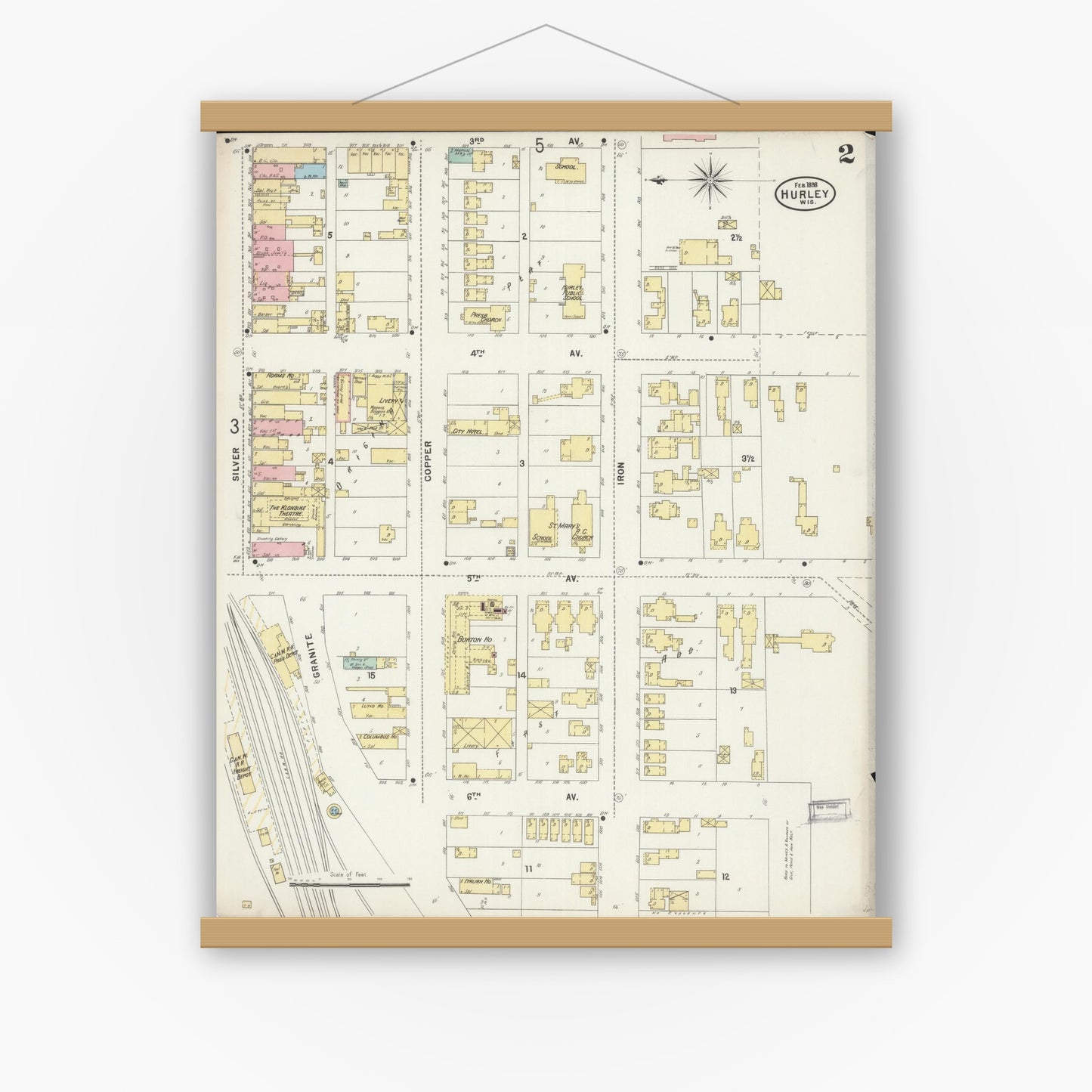 Old map wall art mockup — magnetic wood frame on white wall — Sanborn Fire Insurance Map from Hurley, Iron County, Wisconsin (1898), Sheet #0002
