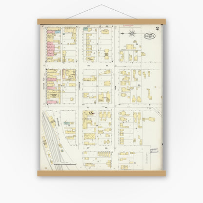 Old map wall art mockup — magnetic wood frame on white wall — Sanborn Fire Insurance Map from Hurley, Iron County, Wisconsin (1898), Sheet #0002