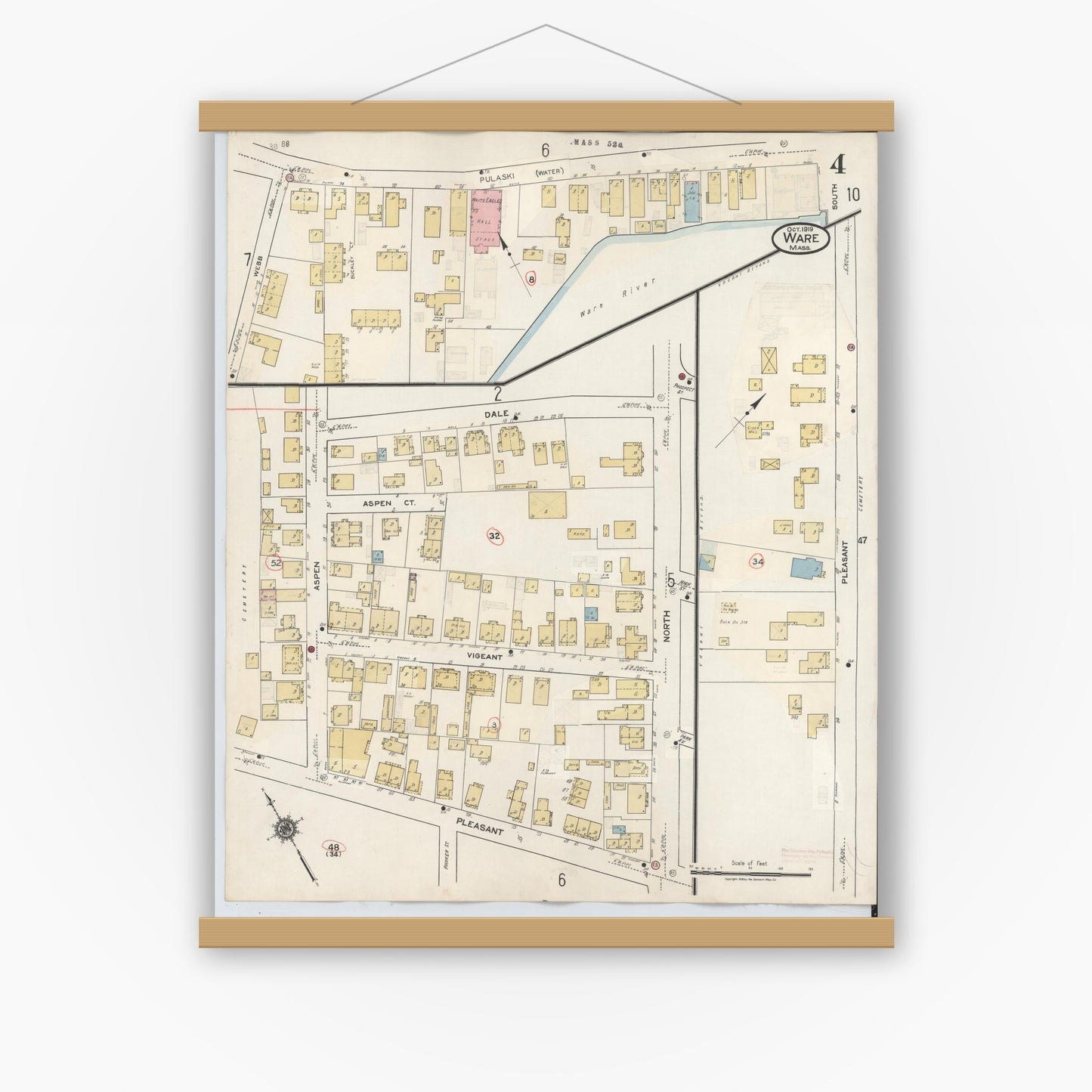 Old map wall art mockup — magnetic wood frame on white wall — Sanborn Fire Insurance Map from Ware, Hampshire County, Massachusetts (1946), Sheet #0004