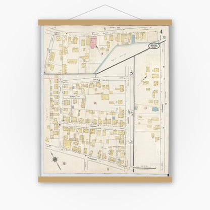 Old map wall art mockup — magnetic wood frame on white wall — Sanborn Fire Insurance Map from Ware, Hampshire County, Massachusetts (1946), Sheet #0004