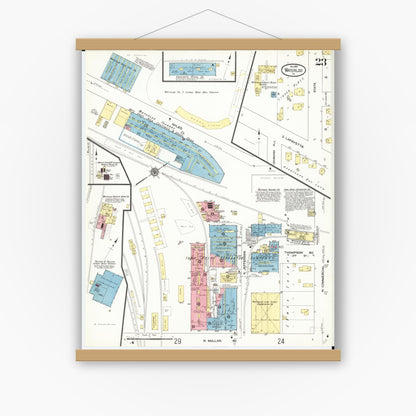 Old map wall art mockup — magnetic wood frame on white wall — Sanborn Fire Insurance Map from Waterloo, Black Hawk County, Iowa (1910), Sheet #0023