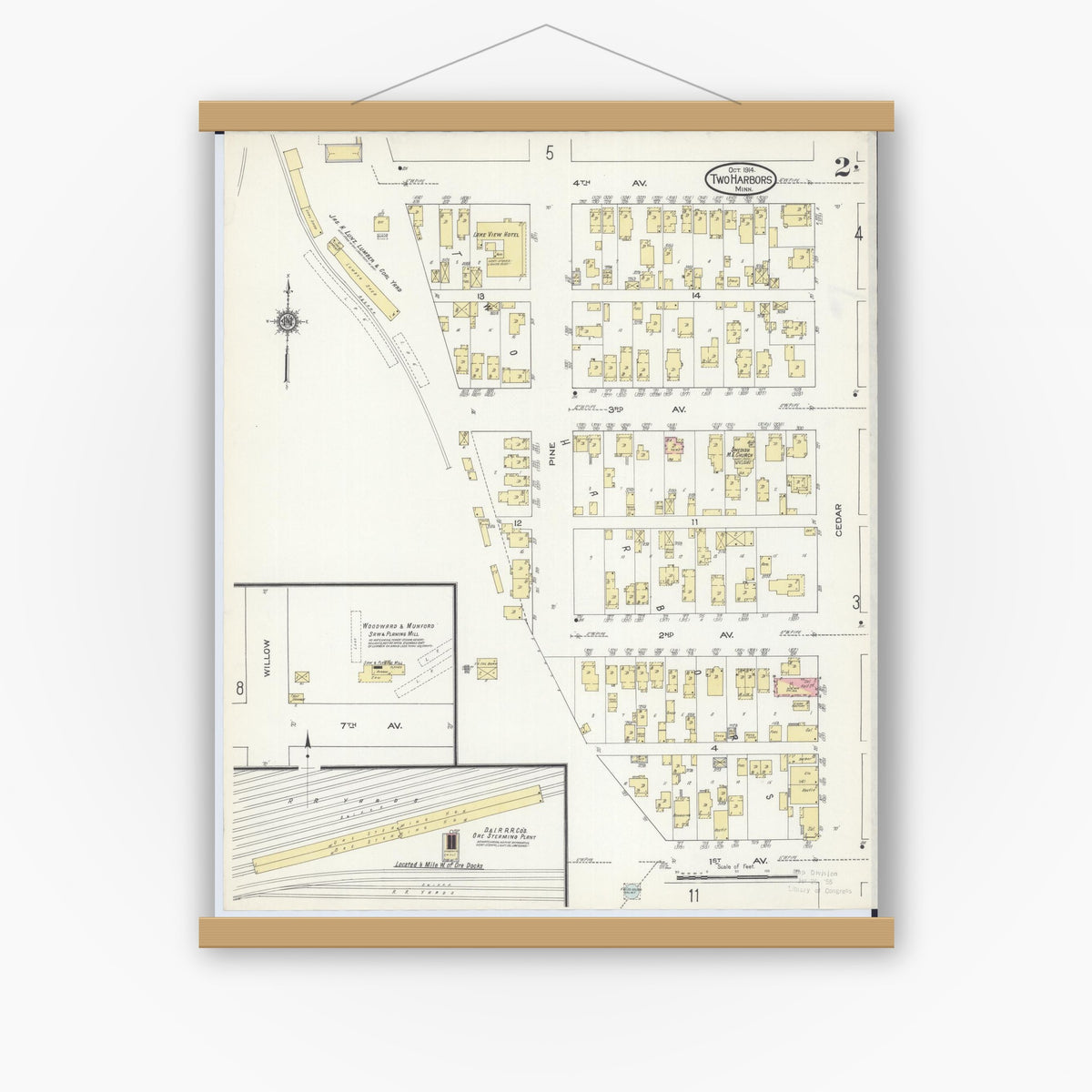 Old map wall art mockup — magnetic wood frame on white wall — Sanborn Fire Insurance Map from Two Harbors, Lake County, Minnesota (1914), Sheet #0002