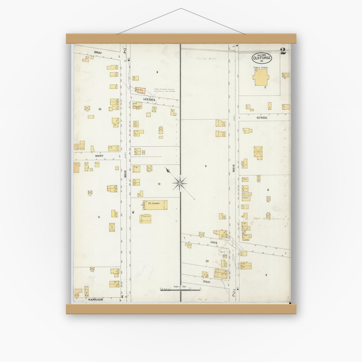 Old map wall art mockup — magnetic wood frame on white wall — Sanborn Fire Insurance Map from Old Forge, Luzerne County, Pennsylvania (1903), Sheet #0002