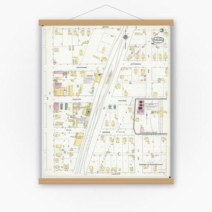 Old map wall art mockup — magnetic wood frame on white wall — Sanborn Fire Insurance Map from Auburn, Sangamon County, Illinois (1909), Sheet #0003