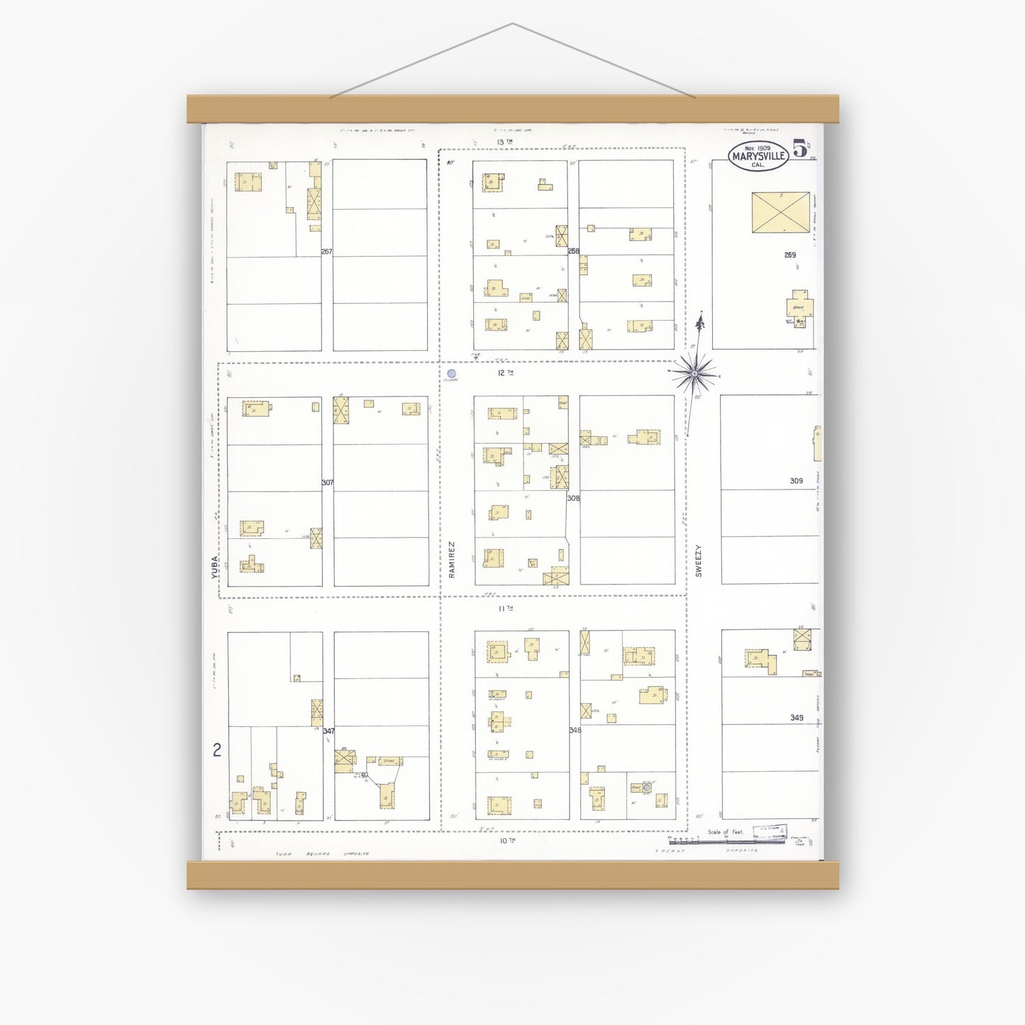Old map wall art mockup — magnetic wood frame on white wall — Sanborn Fire Insurance Map from Marysville, Yuba County, California (1909), Sheet #0005