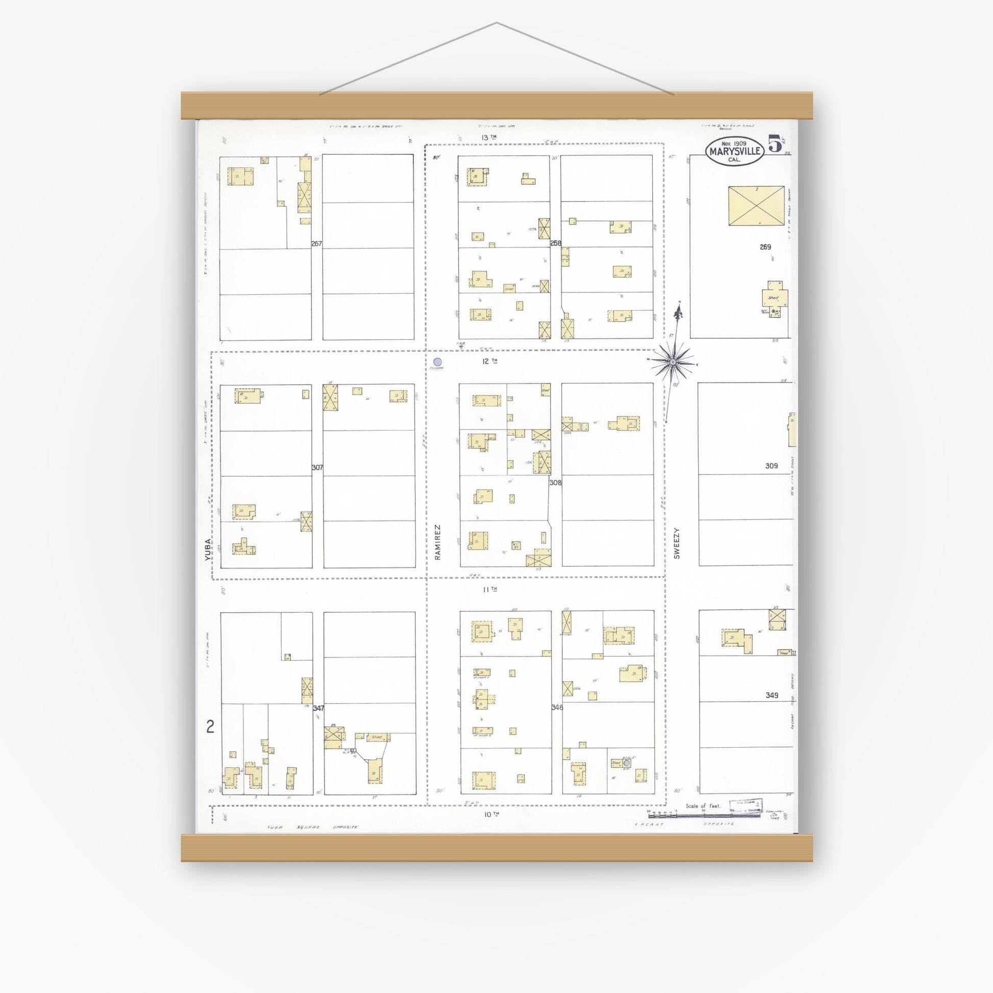 Old map wall art mockup — magnetic wood frame on white wall — Sanborn Fire Insurance Map from Marysville, Yuba County, California (1909), Sheet #0005