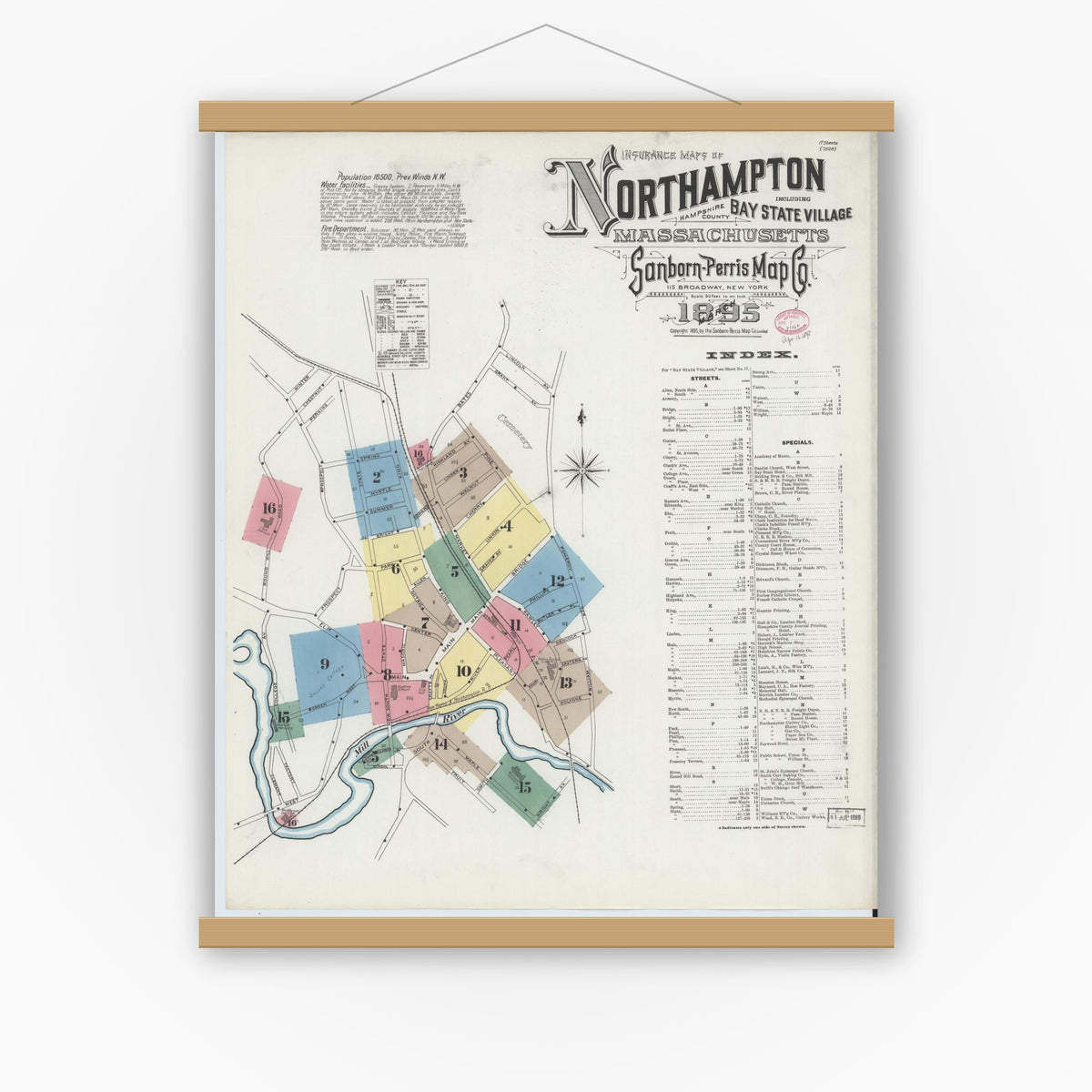 Old map wall art mockup — magnetic wood frame on white wall — Sanborn Fire Insurance Map from Northampton, Hampshire County, Massachusetts (1895), Sheet #0001