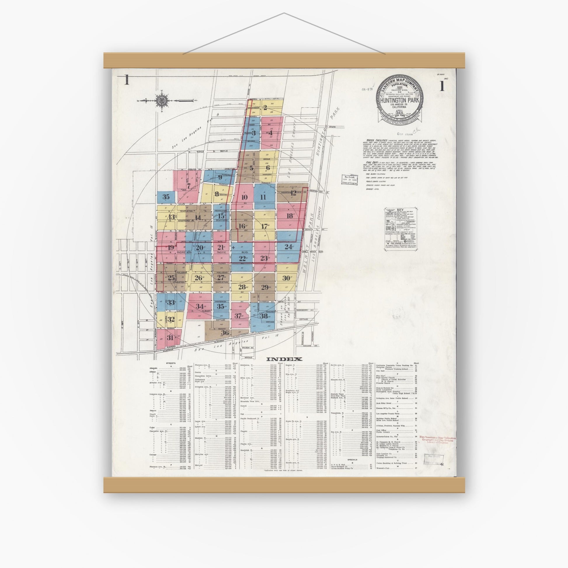 Old map wall art mockup — magnetic wood frame on white wall — Sanborn Fire Insurance Map from Huntington Park, Los Angeles County, California (1924), Sheet #0001