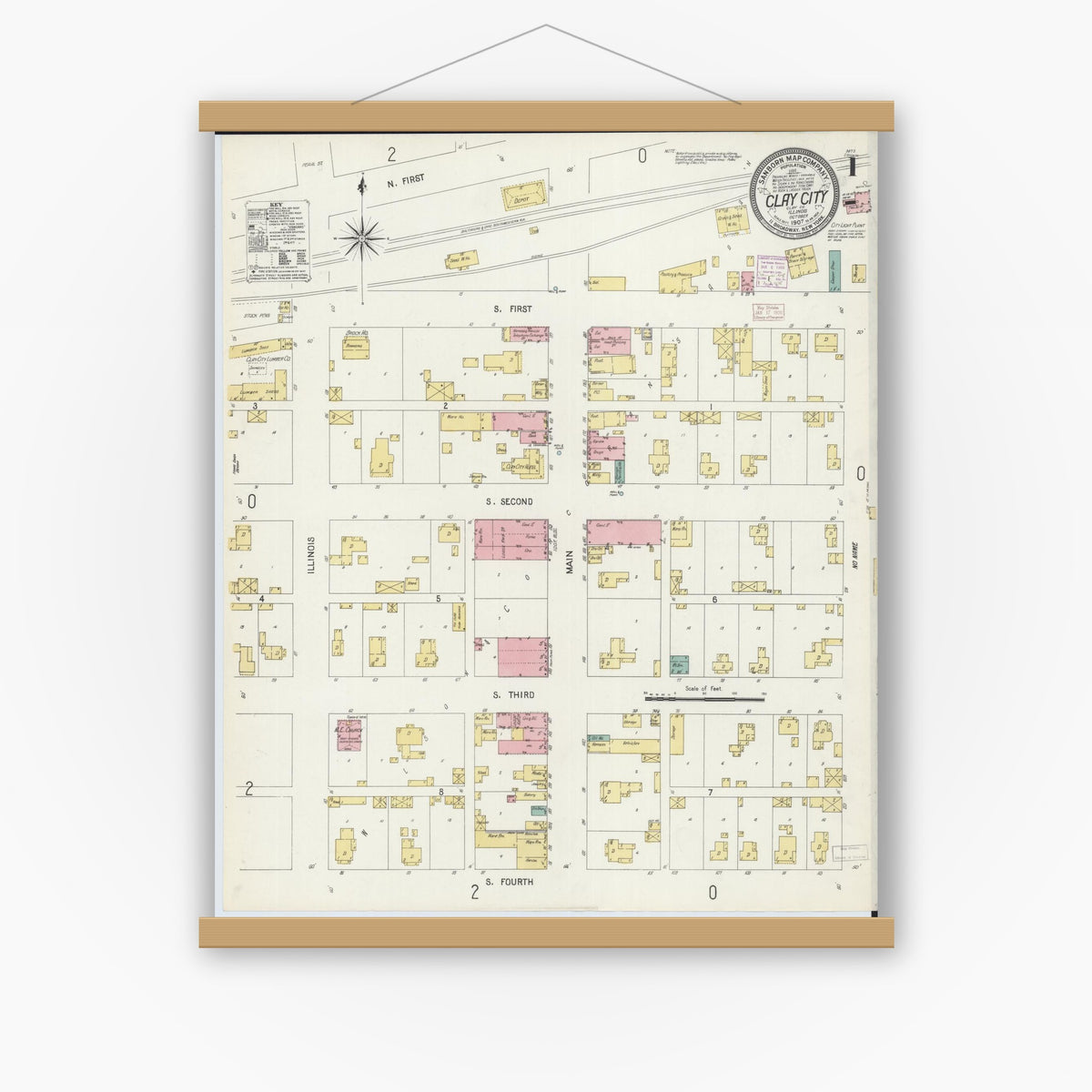 Old map wall art mockup — magnetic wood frame on white wall — Sanborn Fire Insurance Map from Clay City, Clay County, Illinois (1907), Sheet #0001