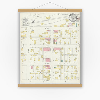 Old map wall art mockup — magnetic wood frame on white wall — Sanborn Fire Insurance Map from Clay City, Clay County, Illinois (1907), Sheet #0001